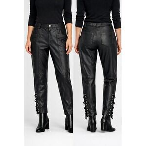 VTg 90s Lydia Creazioni Black Leather Pants Women's 28 Lace Up Ankle Italy Lined